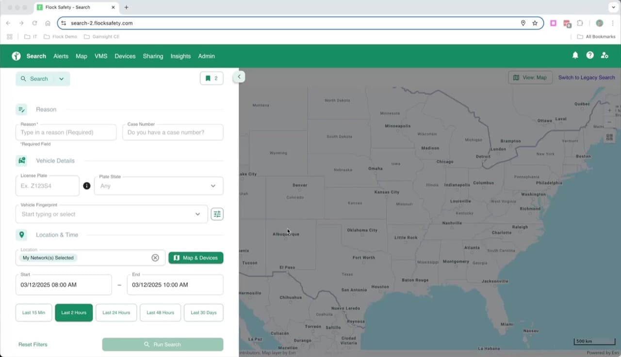 The Flock Safety search screen: a required free-text Reason field, an optional case number, an empty licence-plate field, a time range, and a map spanning the continental United States.