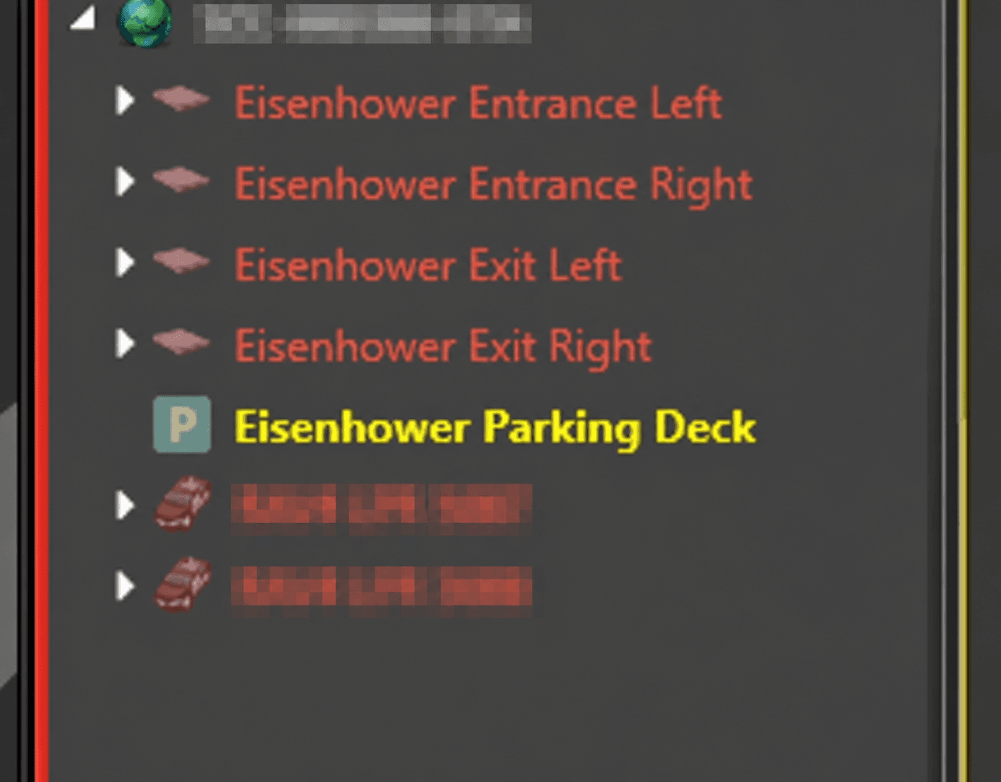 Privacy-redacted camera tree listing Eisenhower entrances, exits, and parking deck