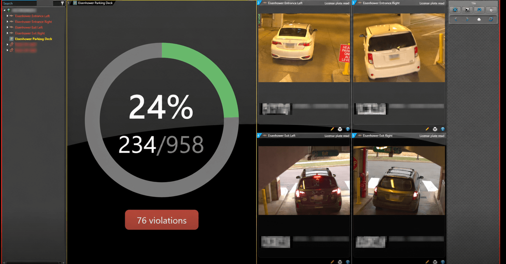 Privacy-redacted dashboard showing Eisenhower-named camera views and aggregate activity figures